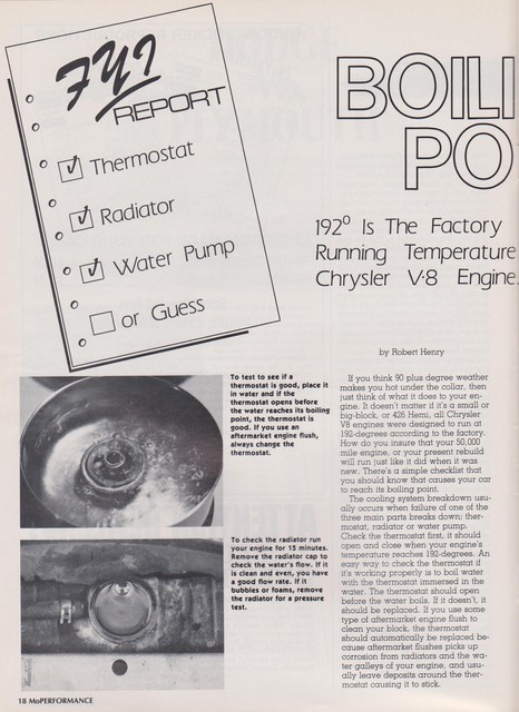 Mopar V8 Cooling System Checklist.
MoPerformance Magazine April 1989.